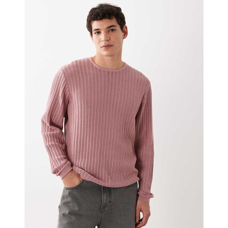 ASOS DESIGN knitted ribbed long sleeve crew neck t-shirt in pink
