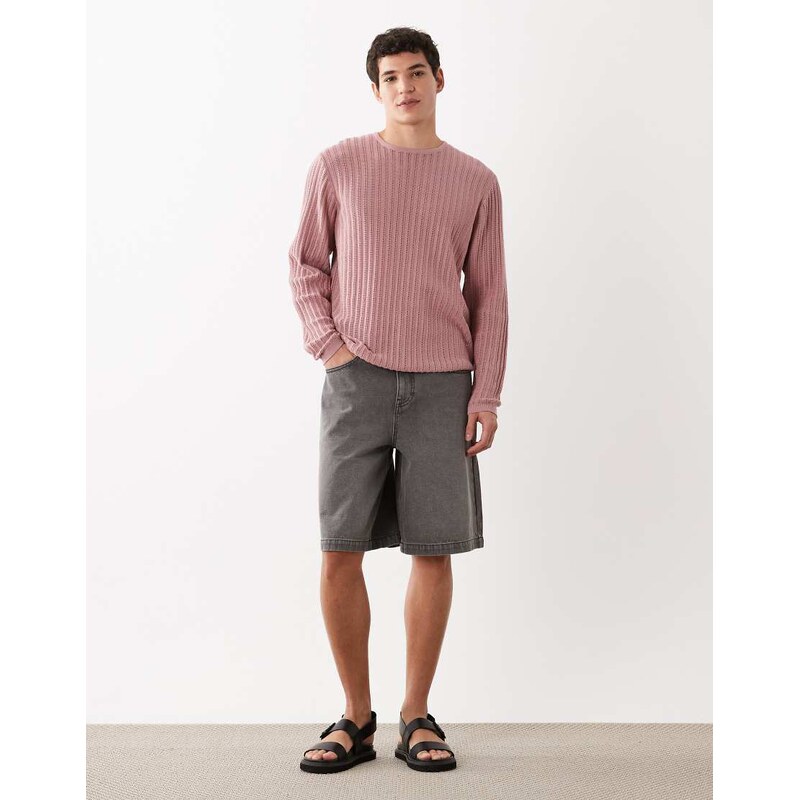 ASOS DESIGN knitted ribbed long sleeve crew neck t-shirt in pink