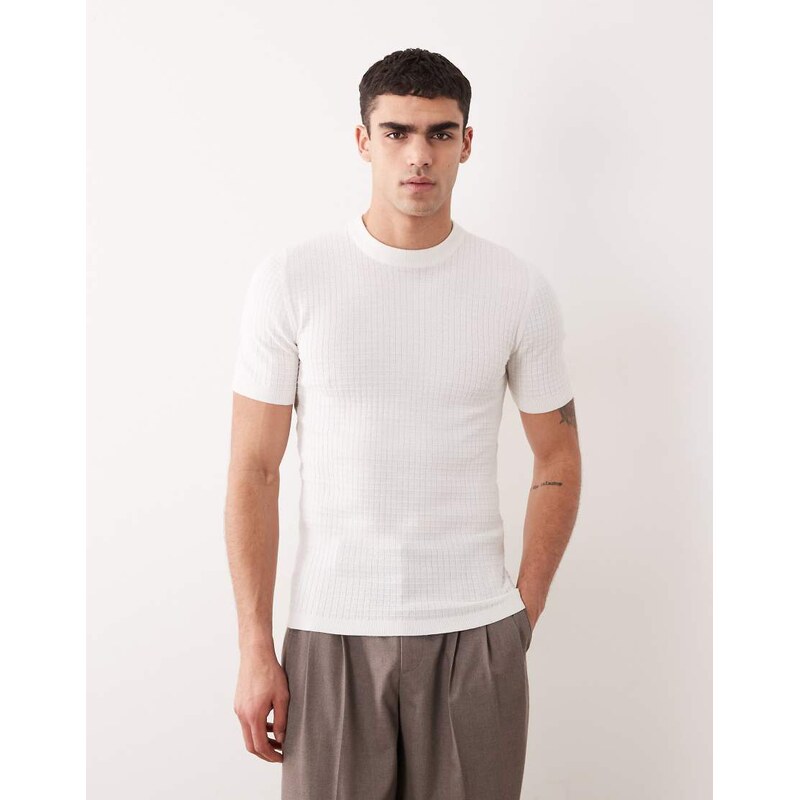 ASOS DESIGN muscle fit short sleeve knitted waffle crew neck t-shirt in cream-White