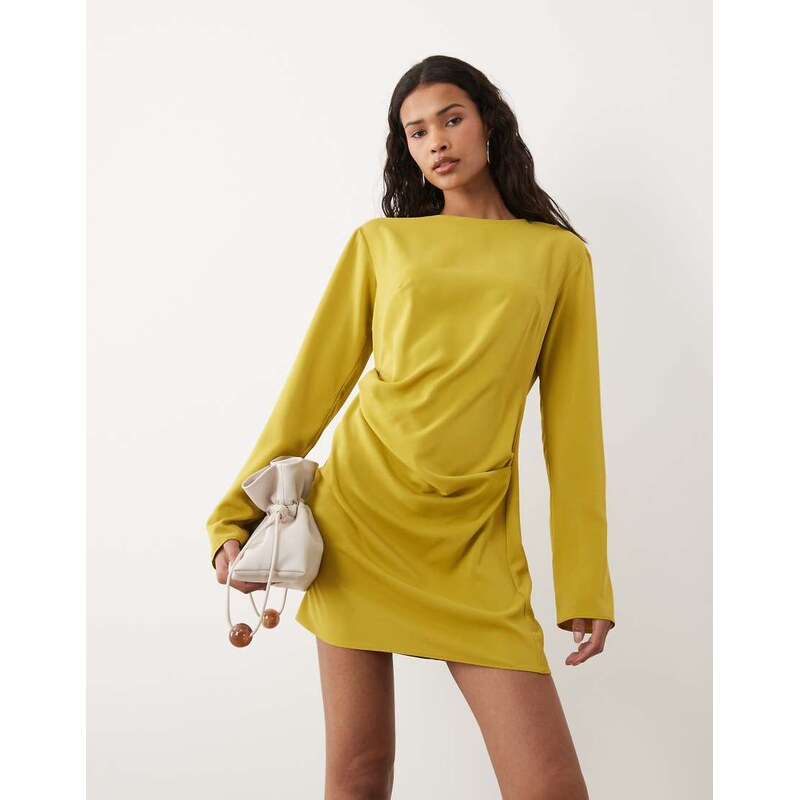 ASOS DESIGN fluid long sleeve mini dress with ruched side detail in gold-Yellow