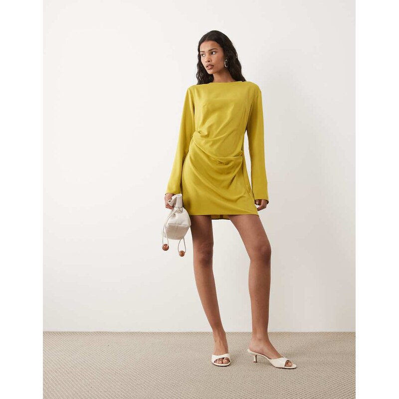ASOS DESIGN fluid long sleeve mini dress with ruched side detail in gold-Yellow