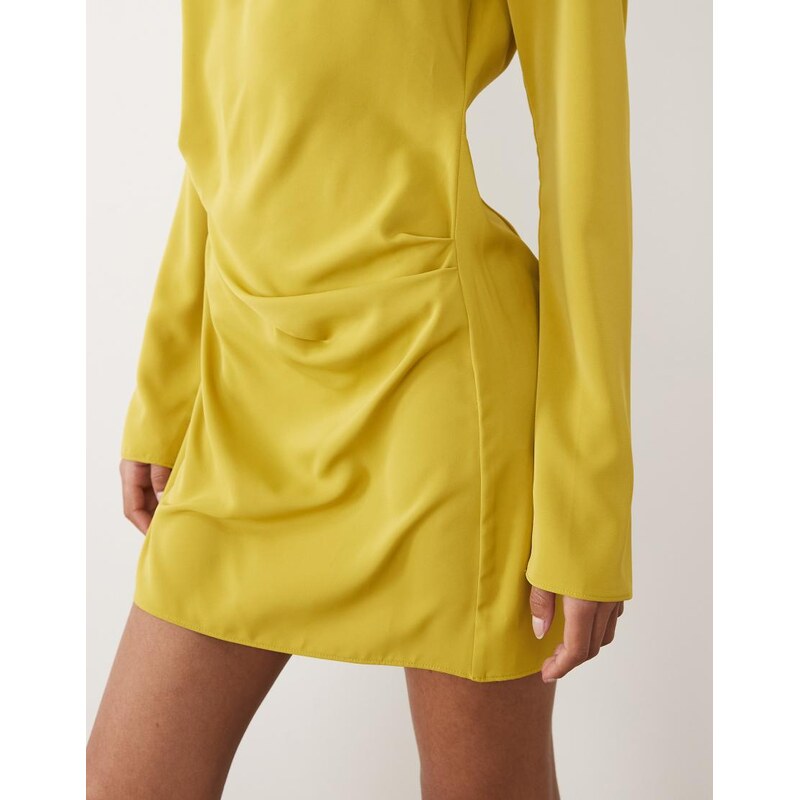 ASOS DESIGN fluid long sleeve mini dress with ruched side detail in gold-Yellow