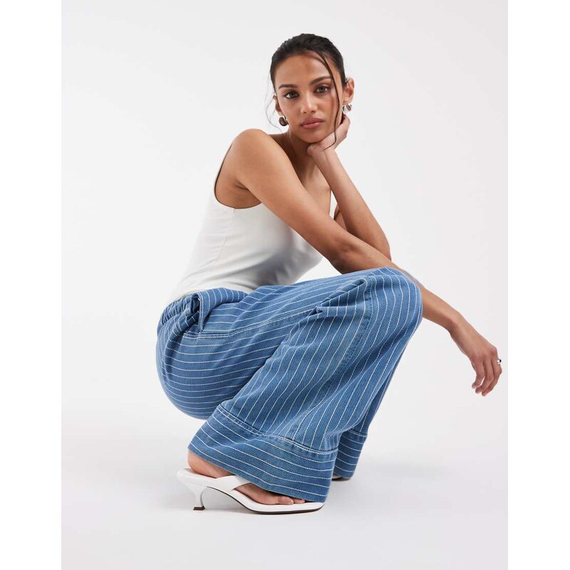 ASOS DESIGN pull on wide leg jean with stripe in blue