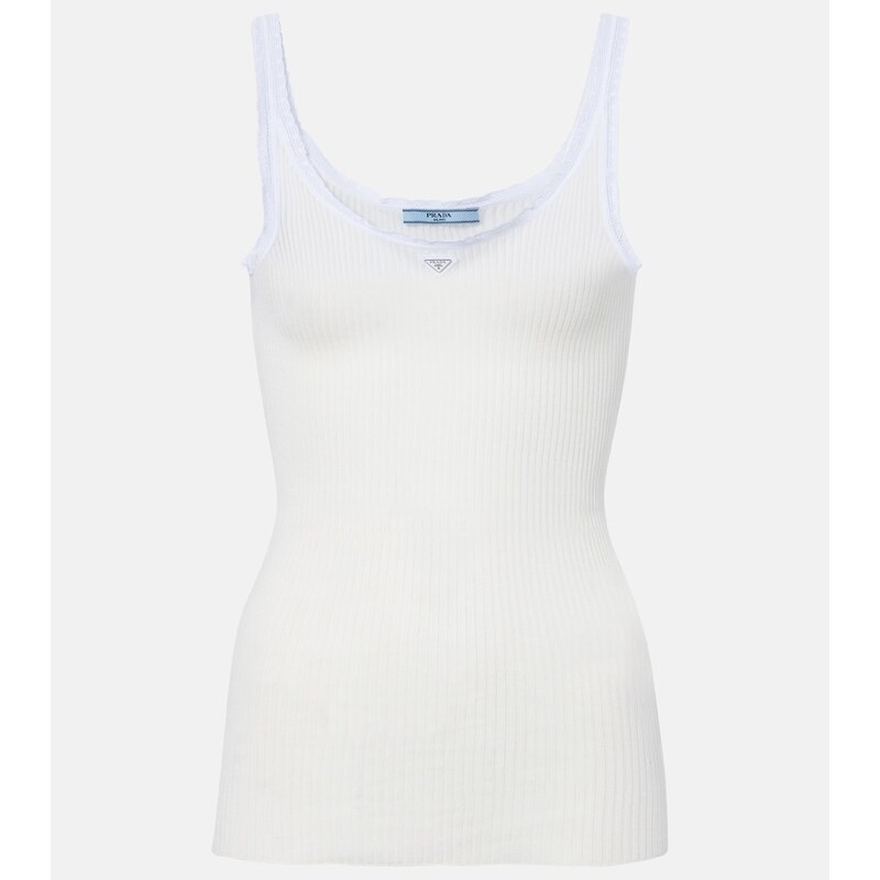 Prada Lace-trimmed ribbed-knit cotton tank top