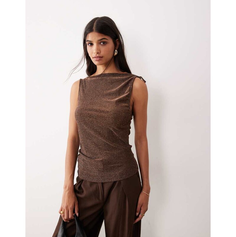 AWARE asymmetric tie shoulder detail glitter top in black and copper 115503972