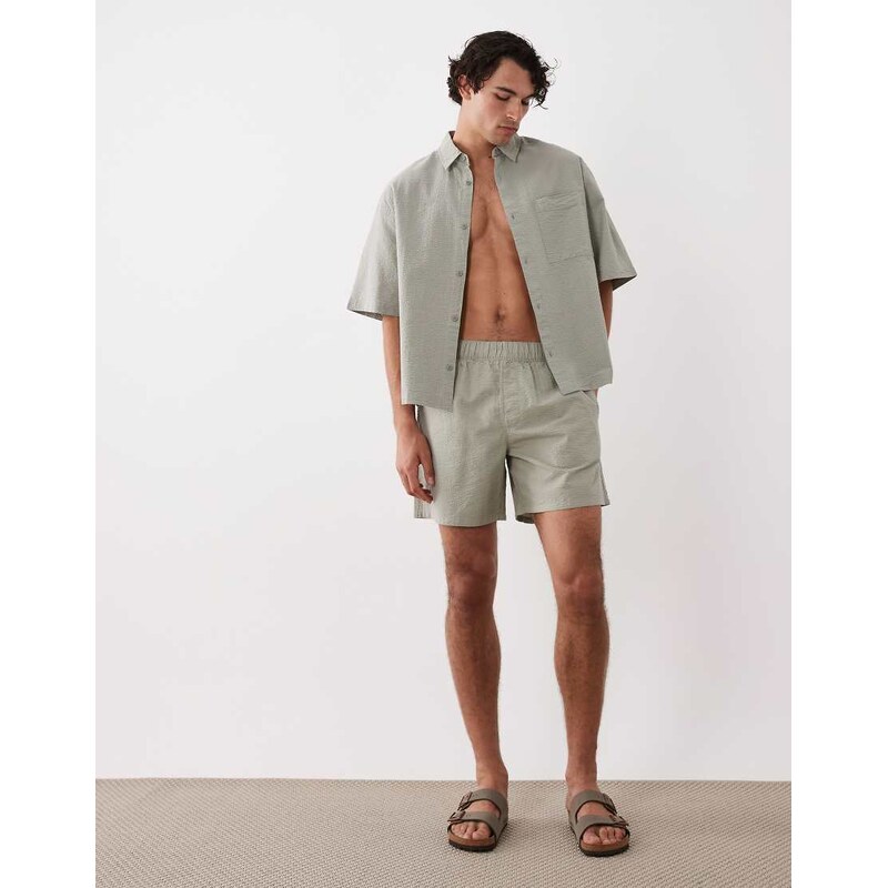 ASOS DESIGN co-ord boxy oversized seersucker shirt in sage green