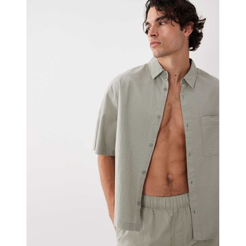 ASOS DESIGN co-ord boxy oversized seersucker shirt in sage green