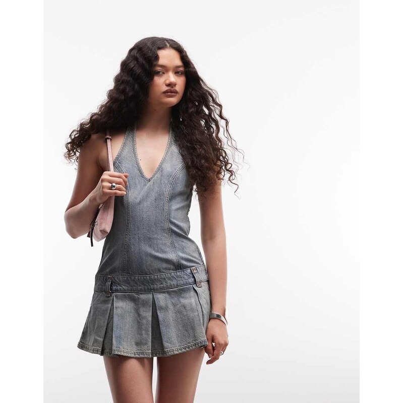 COLLUSION halterneck dress in lightwash-Blue