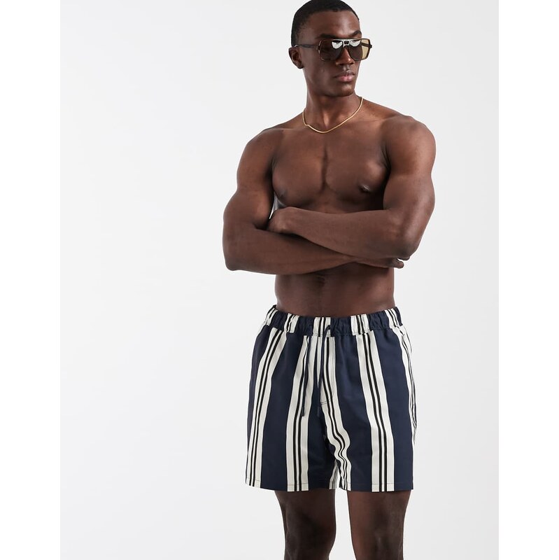 ASOS DESIGN swim shorts in mid length in navy stripe
