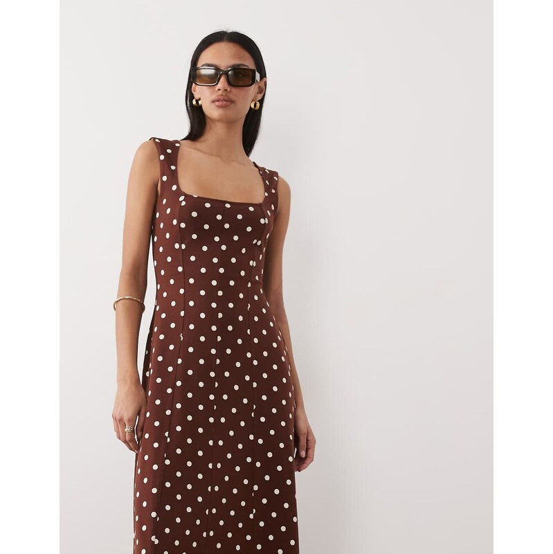 ASOS DESIGN square neck seam detail midi dress in chocolate