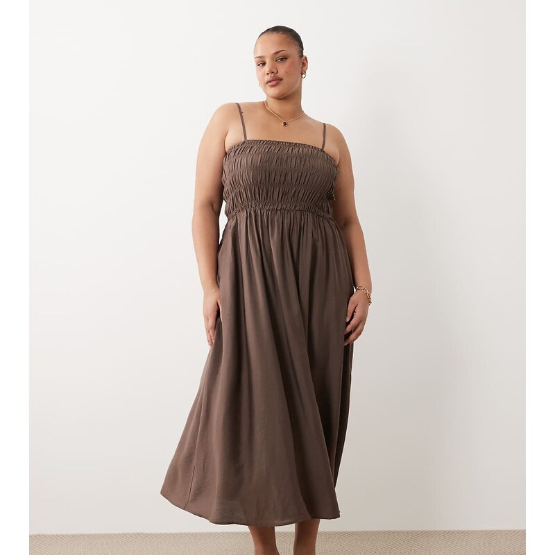 Brave Soul Plus Brave Soul Curve strappy shirred sundress in brown 115549552