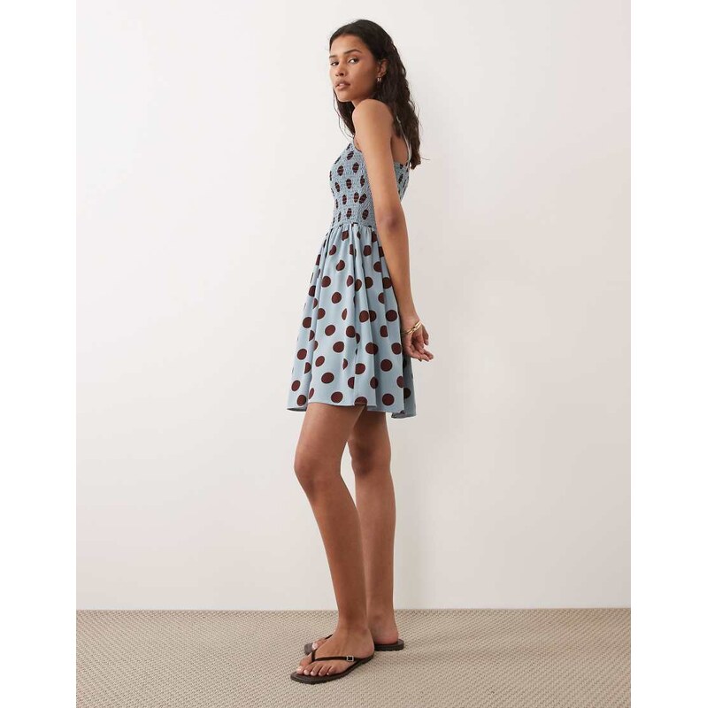 Brave Soul polka dot mini dress with shirred bodice in blue and brown 115549579