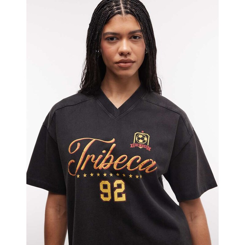 ASOS DESIGN v neck t-shirt with tribeca football washed charcoal-Grey