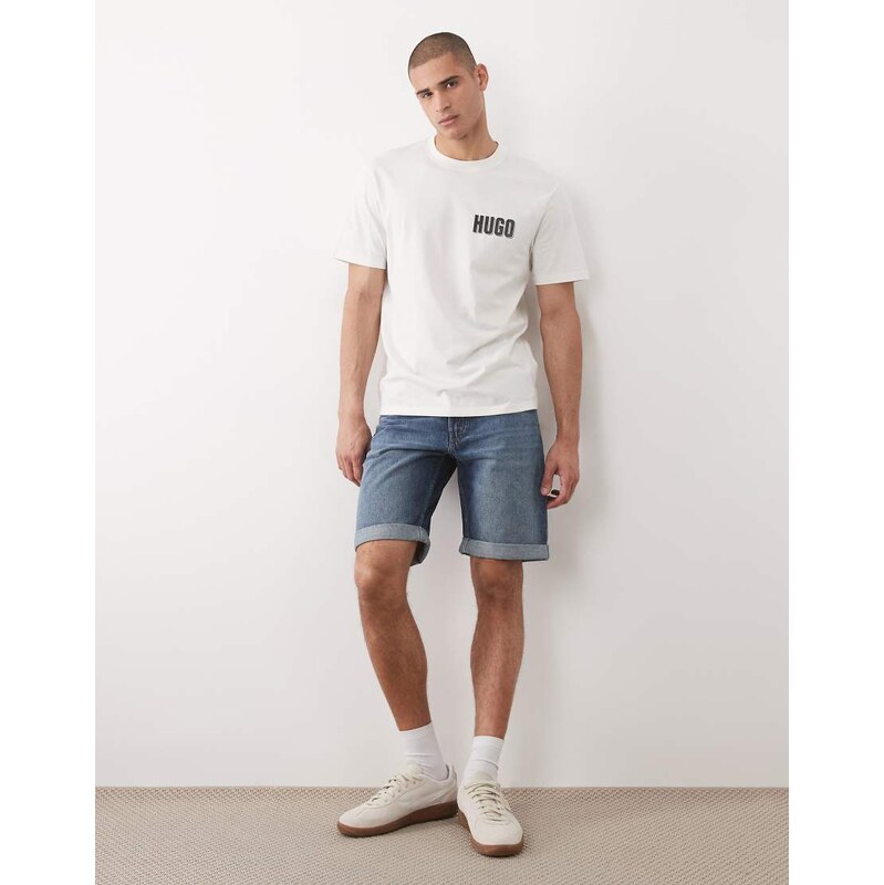 HUGO Red tapered denim shorts in mid blue