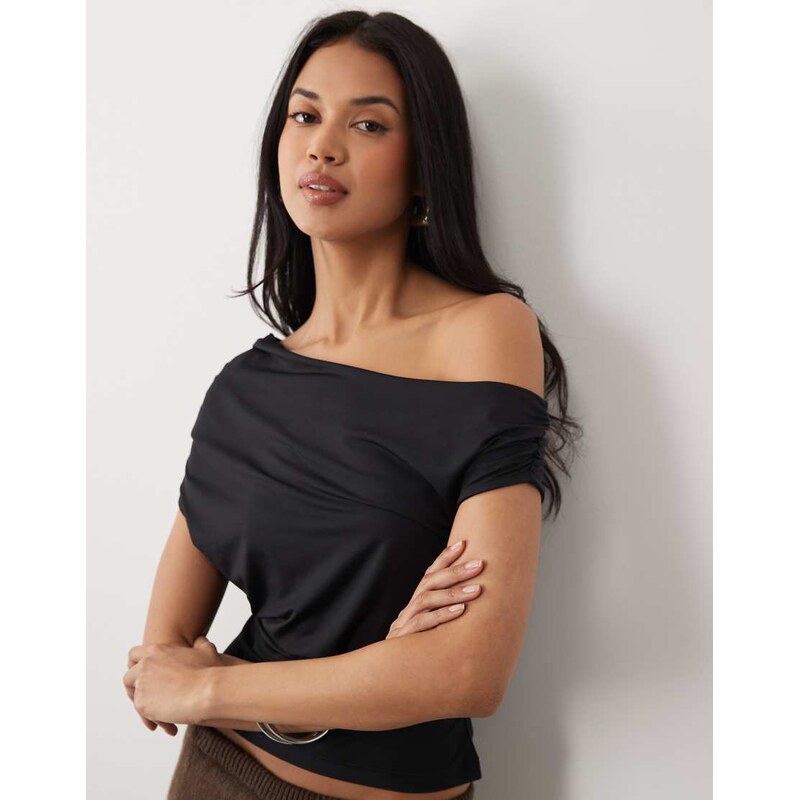 ASOS DESIGN slinky ruched one shoulder asym top in black-Red