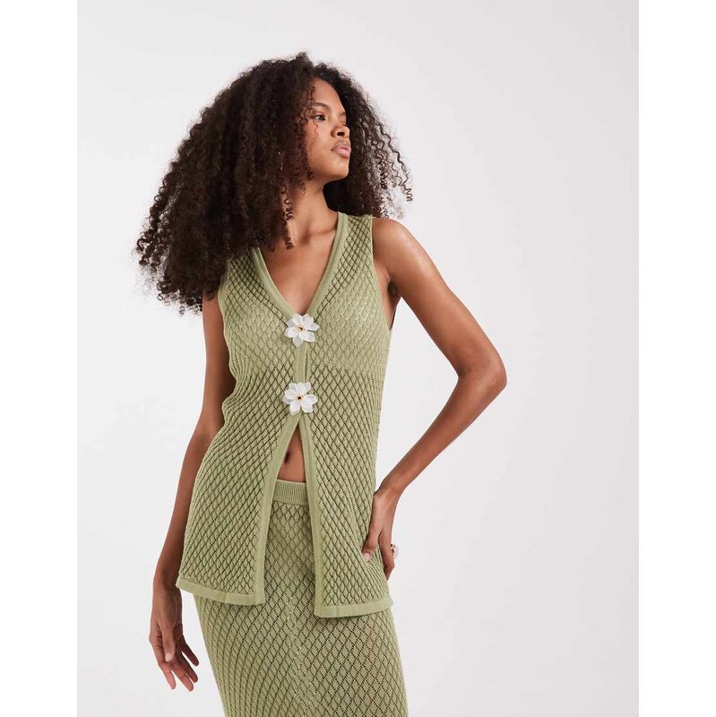 Pretty Lavish pointelle longline waistcoat co-ord with floral