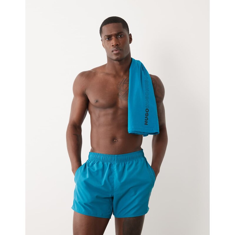 Hugo red tiki co-ord swim shorts in mid teal-Green