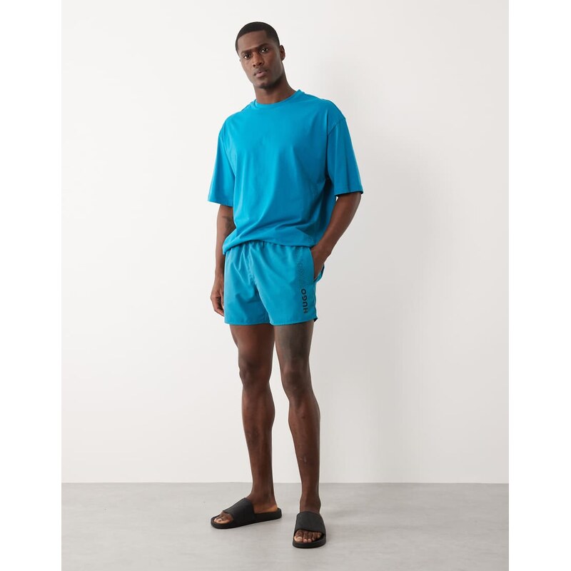 Hugo red tiki co-ord swim shorts in mid teal-Green