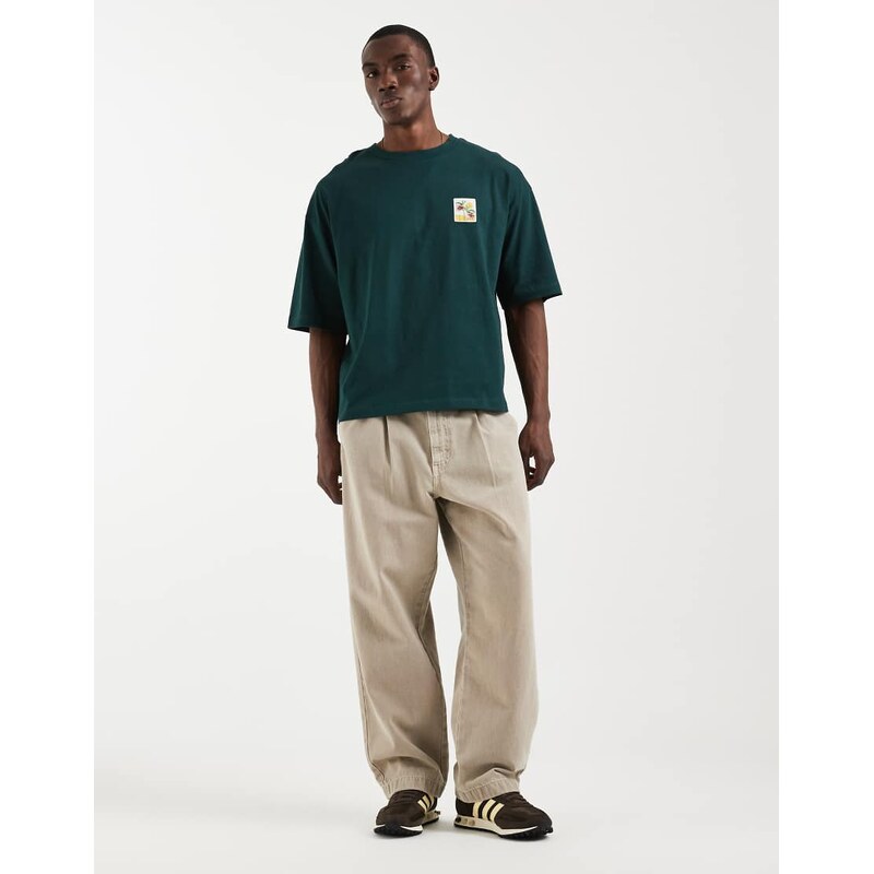 ASOS DESIGN boxy oversized t-shirt with floral chest print in dark green