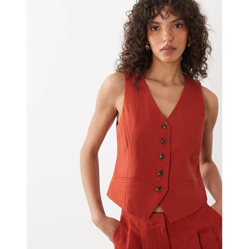 Nobodys Child Vinnie linen blend v-neck waistcoat co-ord in red 115691700