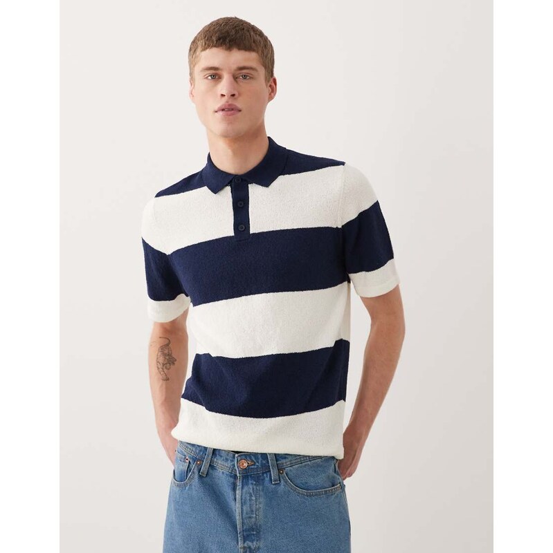 ASOS DESIGN short sleeve knitted polo in white and navy stripe-Multi