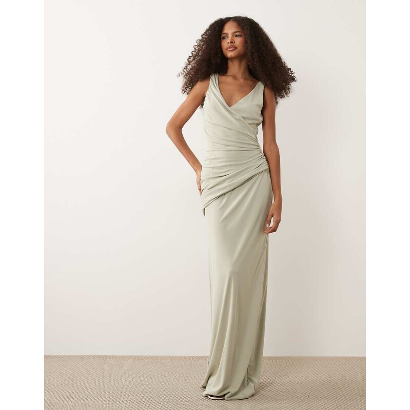 Six Stories Bridesmaids stretch v neck ruched panel maxi dress in sage 115505565