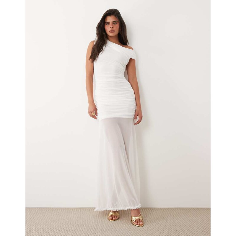 TFNC mesh asymmetric off shoulder ruched sheer hem maxi dress in white 115535783