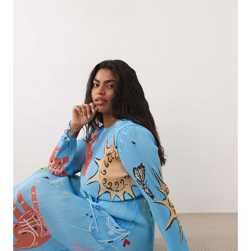 Never Fully Dressed Plus Gaia plisse long sleeve midi dress in