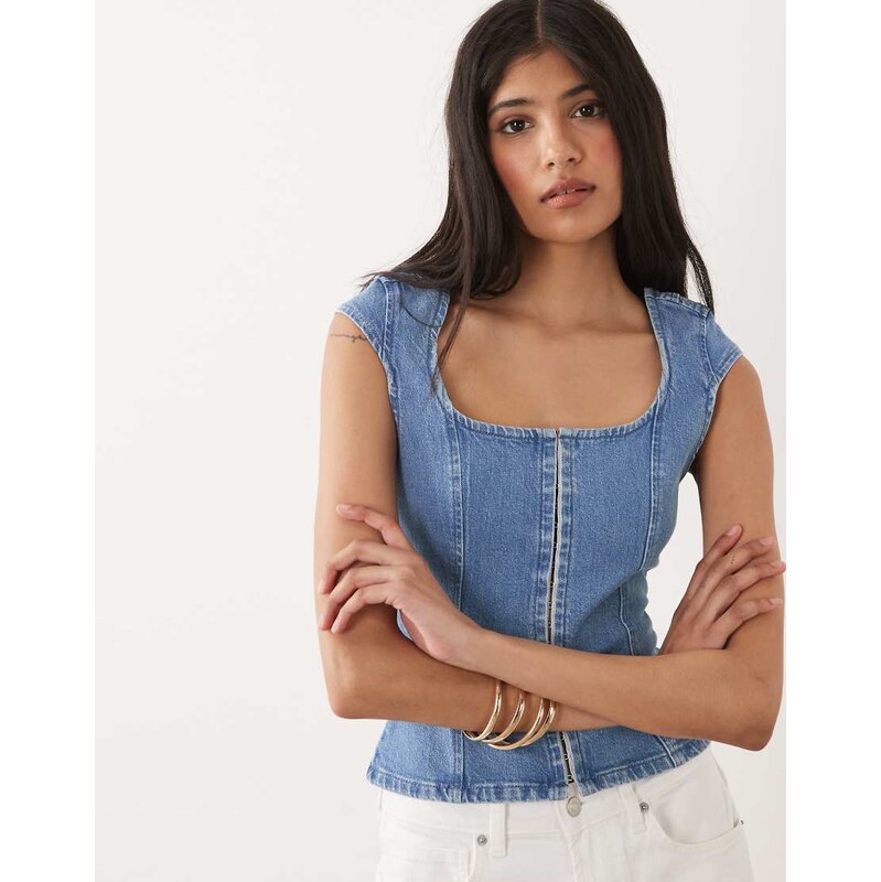 Miss Selfridge denim corset top in mid blue wash