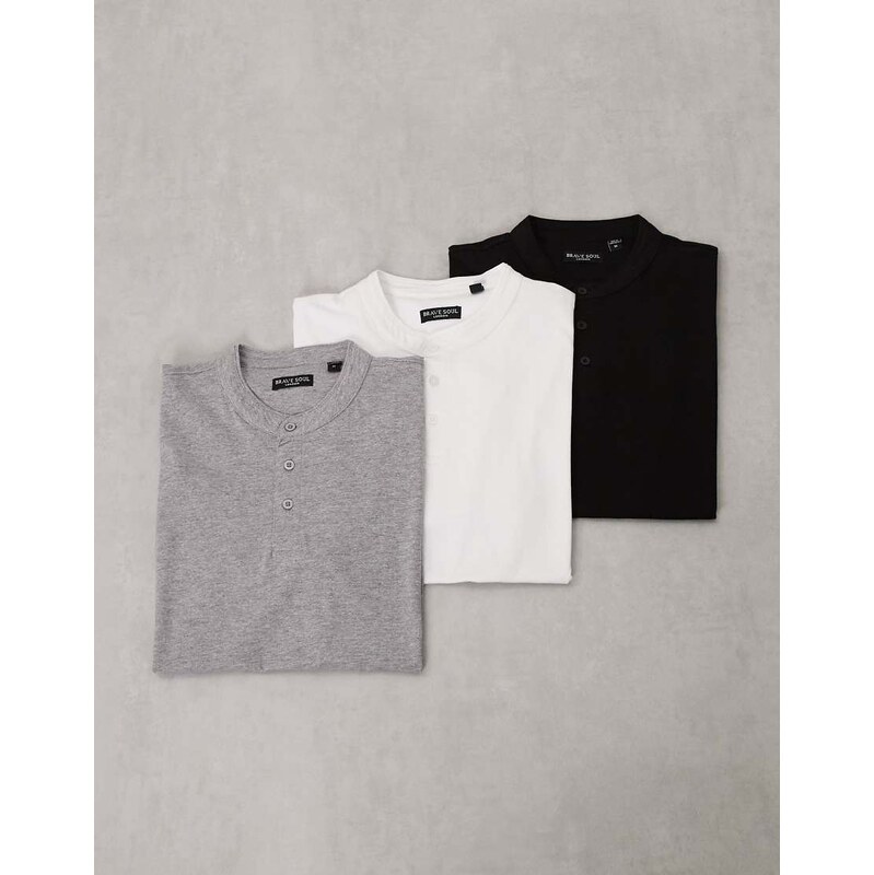 Brave Soul 3 pack short sleeve jersey top with henley collar detail 115509437