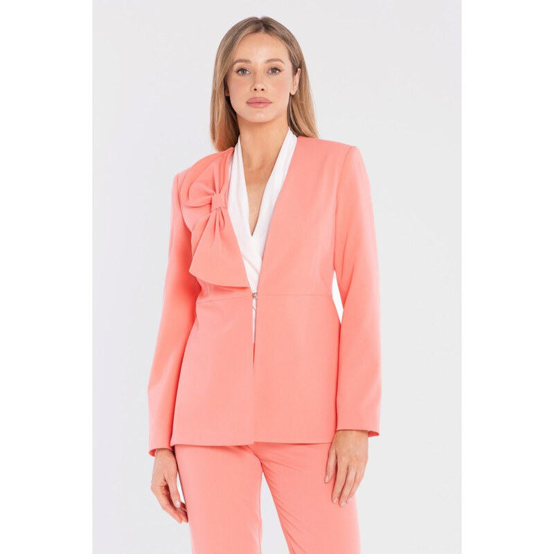 STYLOVE S432 Elegantní sako s ozdobnou mašlí - lososově růžové 115525675