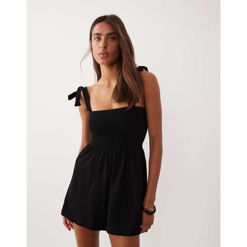 Miss Selfridge tie shoulder playsuit in seersucker in black 115526055