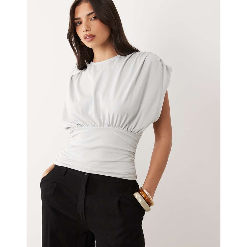 ASOS DESIGN gathered sleeve cinched waist top in light grey-Blue