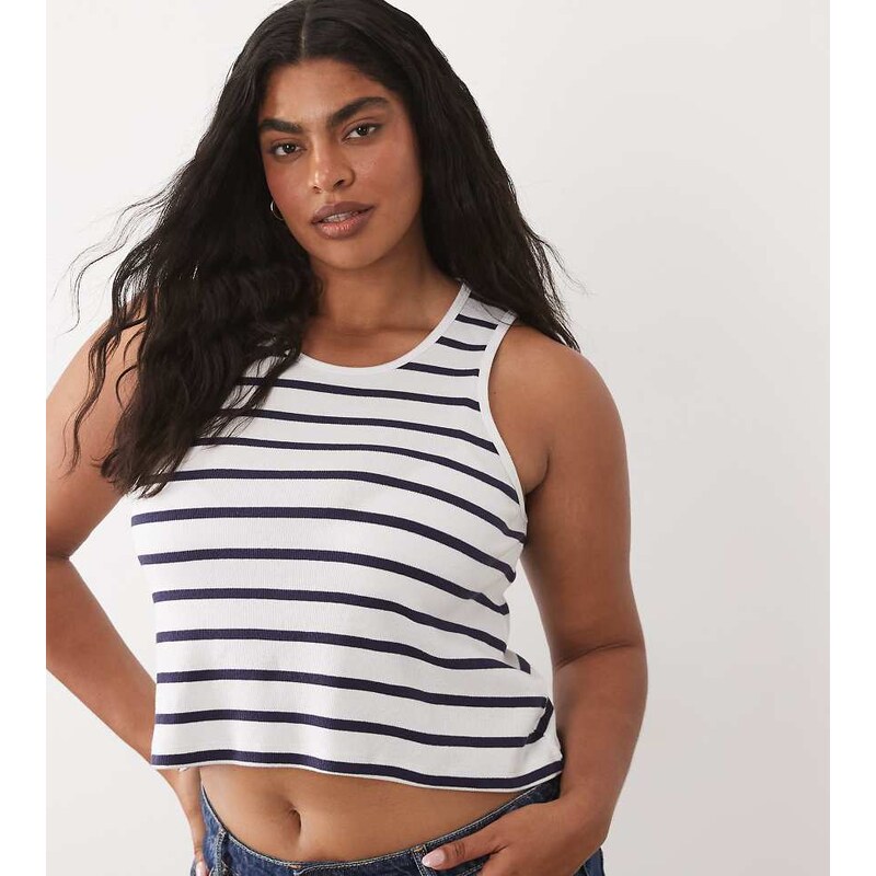 Brave Soul Plus Brave Soul Curve scoop neck vest top in white and navy 115527426