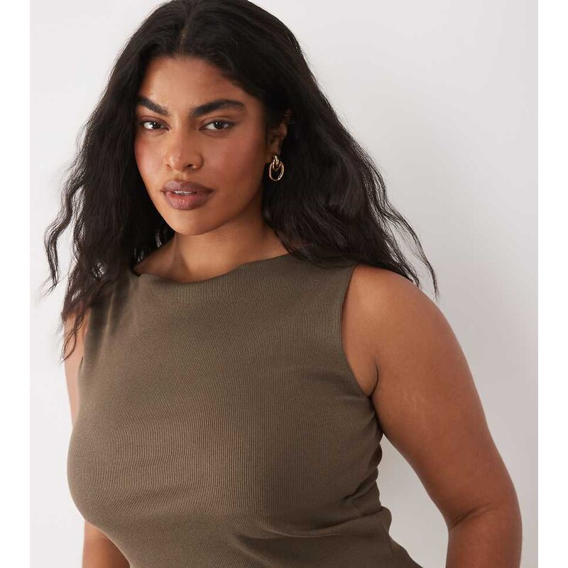 Brave Soul Plus Brave Soul Curve high neck vest top in taupe-Neutral 115527428