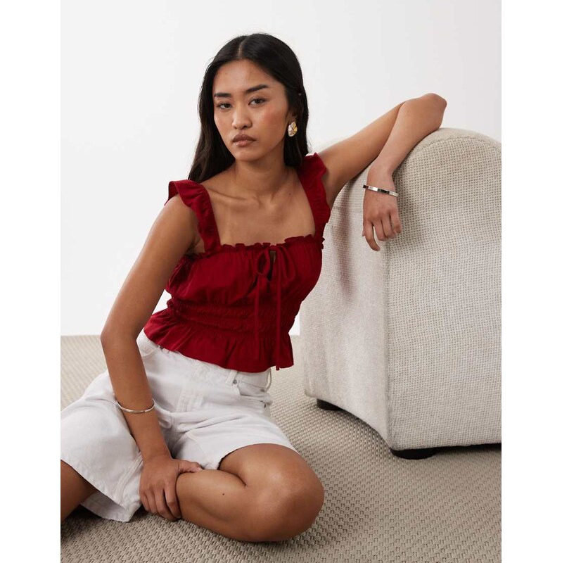 Miss Selfridge shirred top with ruffle sleeve in red 115527432