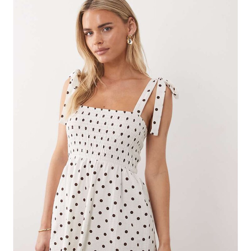Miss Selfridge Petite tie shoulder playsuit in seersucker in