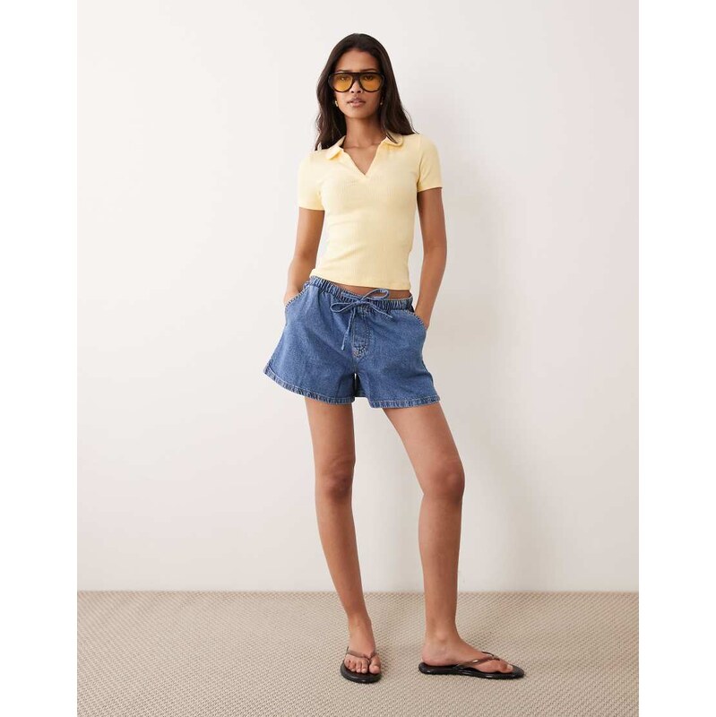 Miss Selfridge fitted rib polo top with picot stitch in buttermilk 115527438