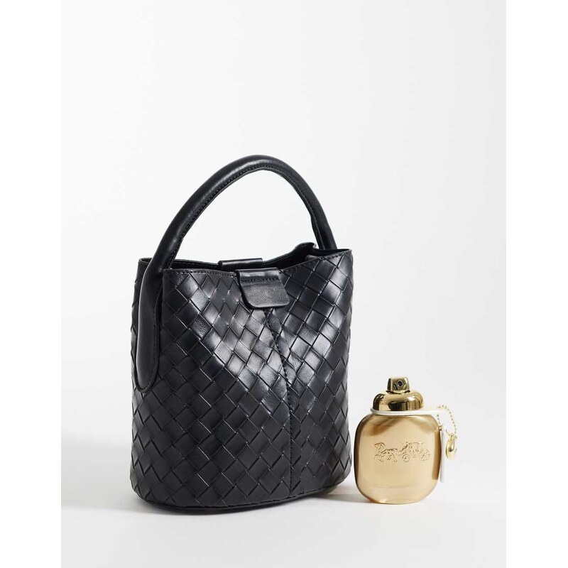 ASOS DESIGN weave bucket bag with detachable cross body strap in black