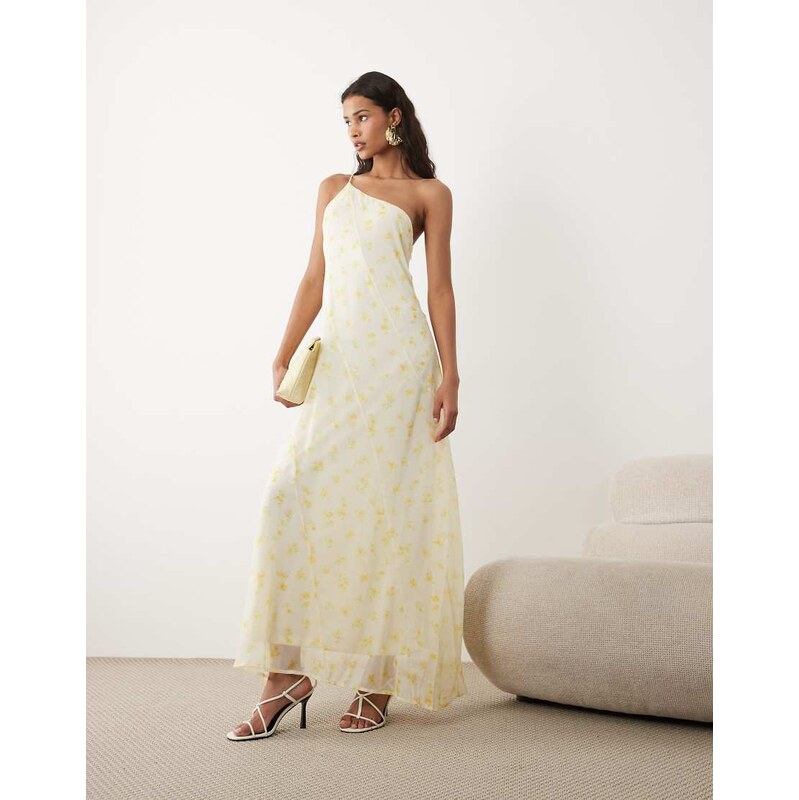 Vila one shoulder maxi dress in yellow ditsy floral