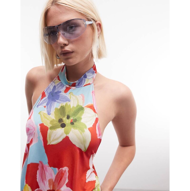 Reclaimed Vintage floral halter backless top in blue 115527576