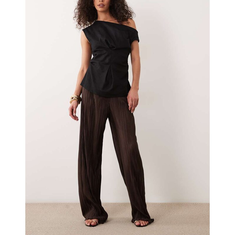 ASOS DESIGN co-ord plisse wide leg trouser in brown