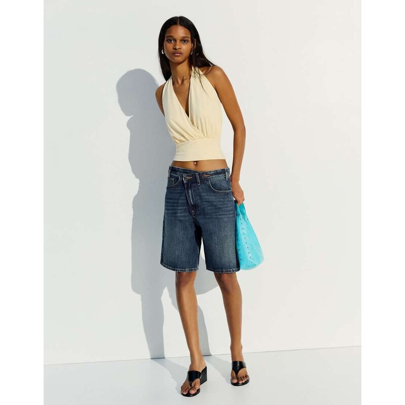 Bershka Crossover waist denim bermuda shorts in denim blue