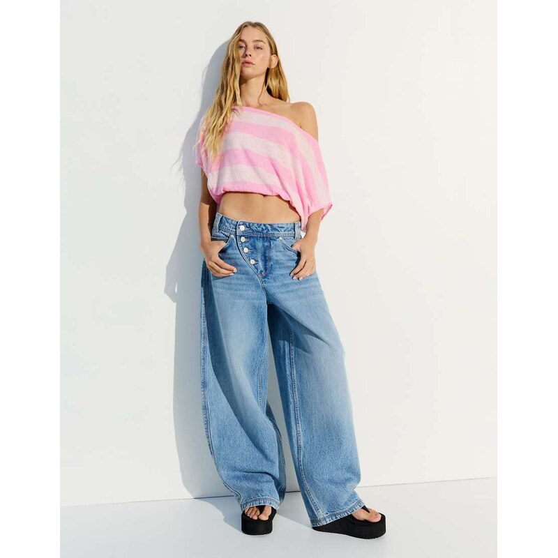 Bershka Asymmetric striped jumper in pink 115527623