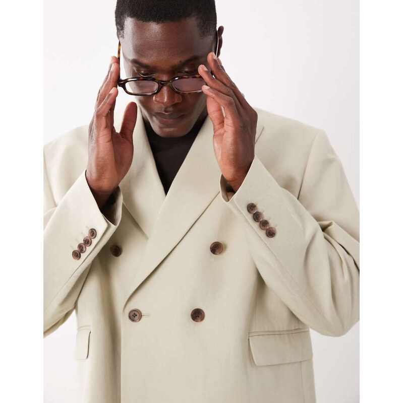 ASOS DESIGN double breasted boxy linen rich suit blazer in stone
