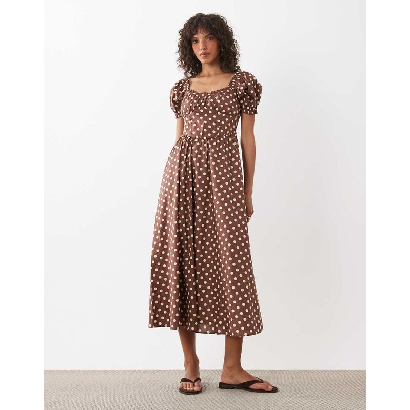 New Look polka dot milkmaid midi dress in white