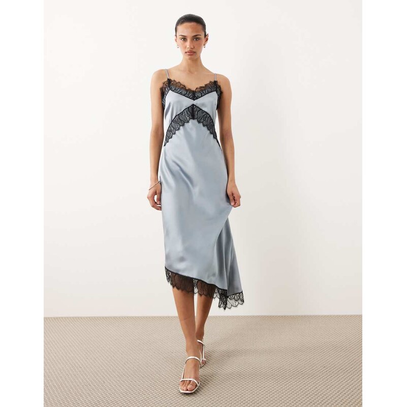 New Look asymmetric contrast lace trim midi dress in blue-Navy