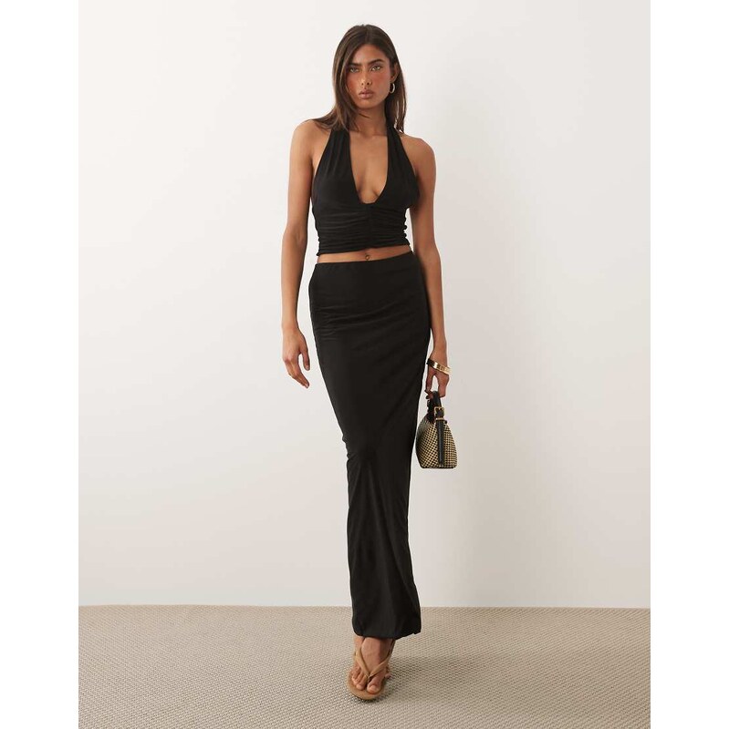 Missyempire double sculpted slinky maxi skirt co-ord in black 115723508