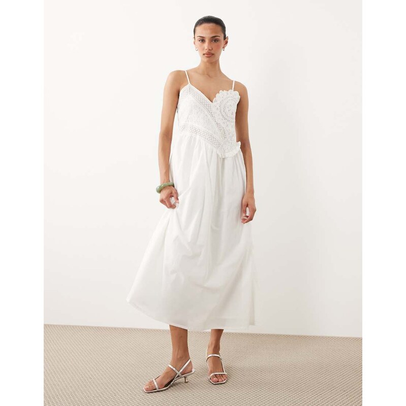 River Island patchwork lace midi dress in cream-White