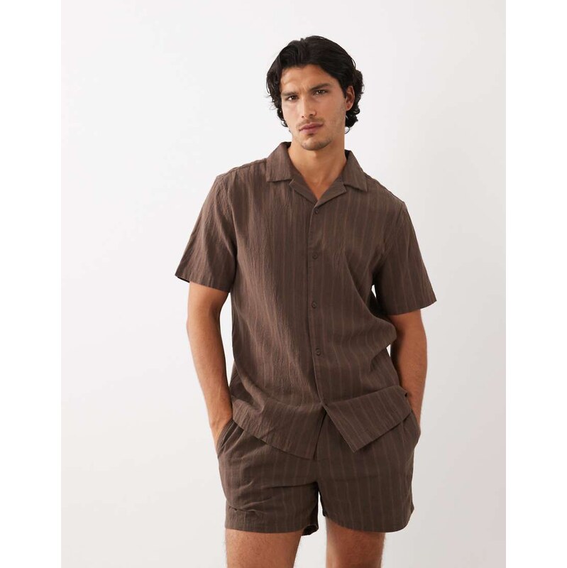 ASOS DESIGN co-ord regular fit linen look stripe shirt in brown